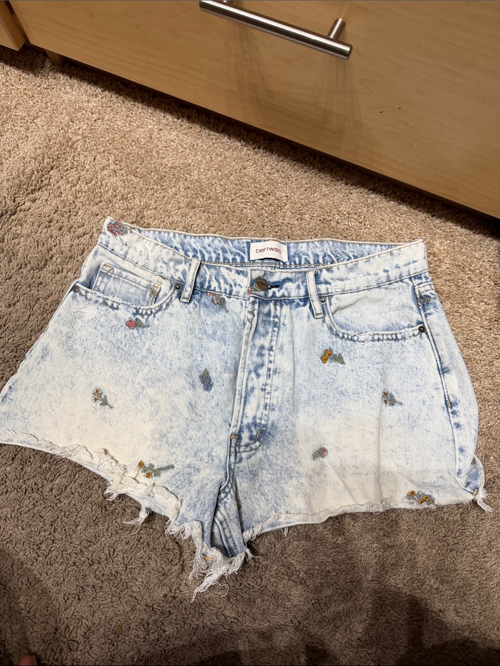DRIFTWOOD Light Blue Acid-Wash Embroidered Denim Shorts